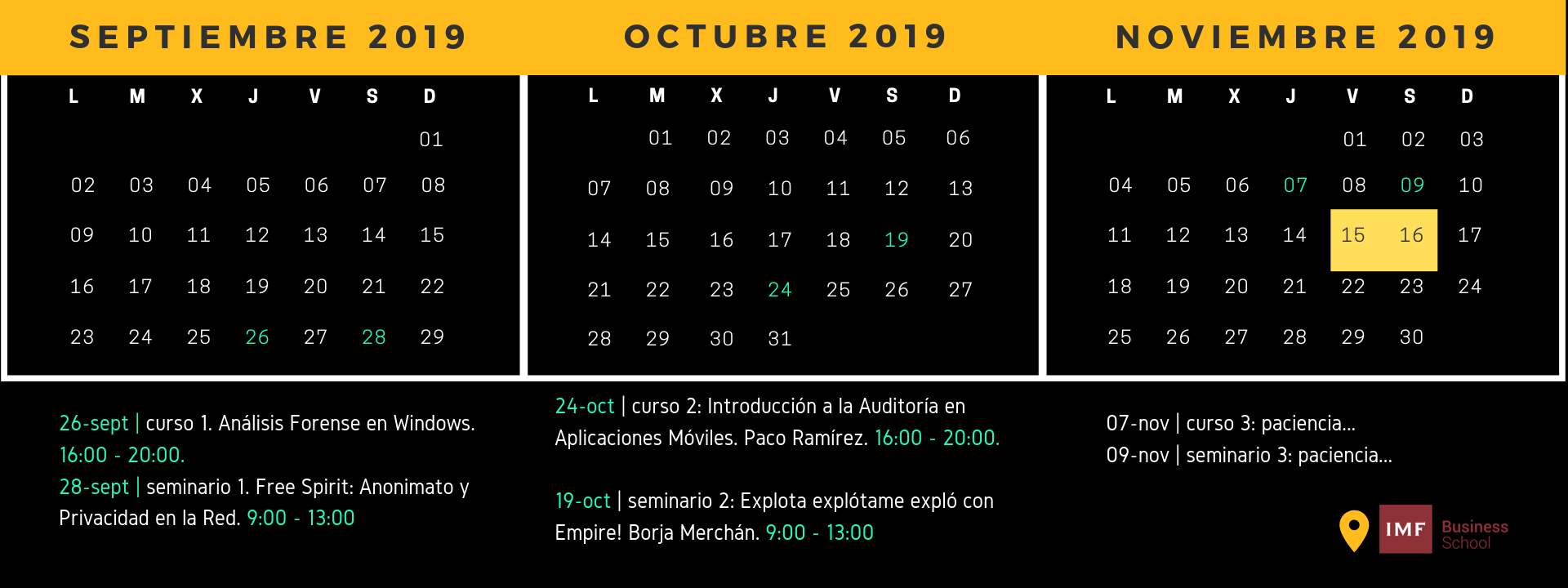 Calendario de las Jornadas Formativas de SecAdmin 2019.
